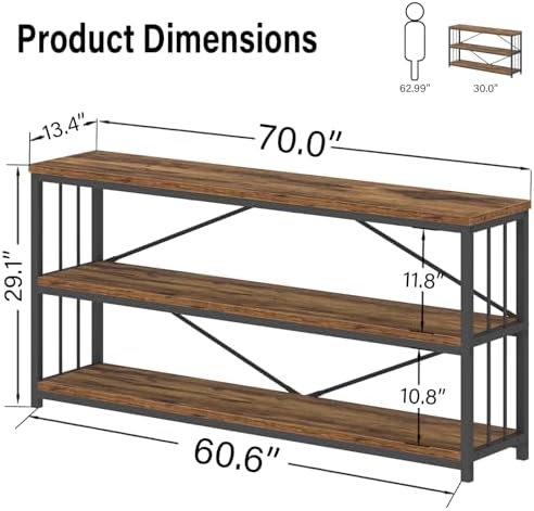 LVB Farmhouse Industrial Console Table for Home, Rustic Brown, 70 Inch | Wood Metal Foyer Entryway Sofa Tables with Storage, 3 Tier Long Rustic Entry Table TV Stand with Shelves for Living Room