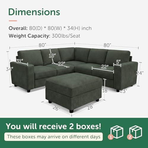 HONBAY Corduroy Sectional Sofa with Storage Ottoman, 6 Seaters L Shaped Small Sectional Couch for Living Room, Green