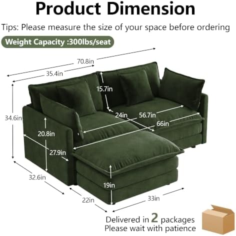 mikibama Modular Sectional Sofa, 70.8 Inch L Shaped Couch Set for Living Room, Loveseat Comfy Cloud Couches with Movable Ottoman, DIY Combination, Chenille, Evergreen
