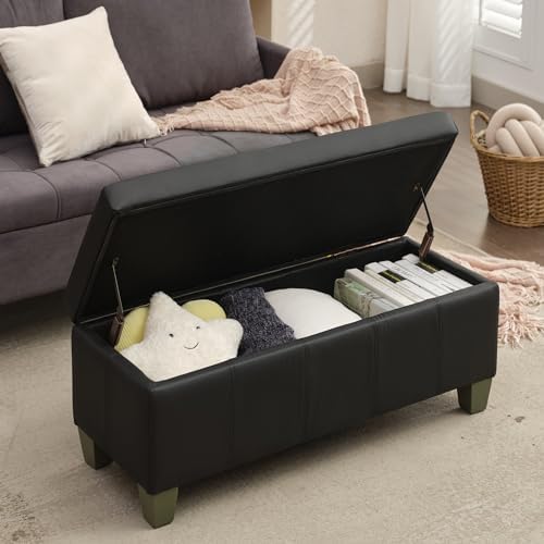 41" Storage Ottoman, Storage Bench with Safety Hinge, Upholstered Synthetic Leather Ottoman Bench for Bedroom, Living Room, Entryway, Hallway, Foot Rest, Support 500lbs, Black