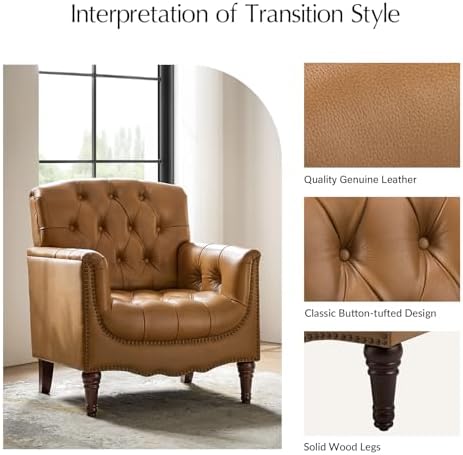 HULALA HOME Mid Century Modern Genuine Leather Accent Chair Set of 2, Camel | Button Tufted Leather Armchairs, Upholstered Club Chairs with Nailhead Trim, Solid Wood Legs,for Living Room Bedroom