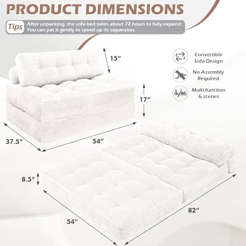 Folding Sofa Bed, Convertible Sleeper Chair with Pillow & Handle, Foldable Mattress Futon Chair Bed Lounge with Back Support, Comfy Floor Sofa for Living Room Bedroom, Beige, Full