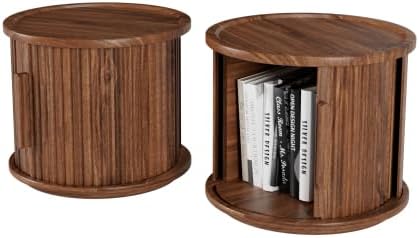 Round Coffee Table Set of 2, Nesting Side Table with Sliding Door Storage | Rotatable Round Coffee Table, Fluted Wood Drum End Table with Storage Compartment, Versatile Side Cabinet for Home Decor