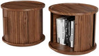 Round Coffee Table Set of 2, Nesting Side Table with Sliding Door Storage | Rotatable Round Coffee Table, Fluted Wood Drum End Table with Storage Compartment, Versatile Side Cabinet for Home Decor