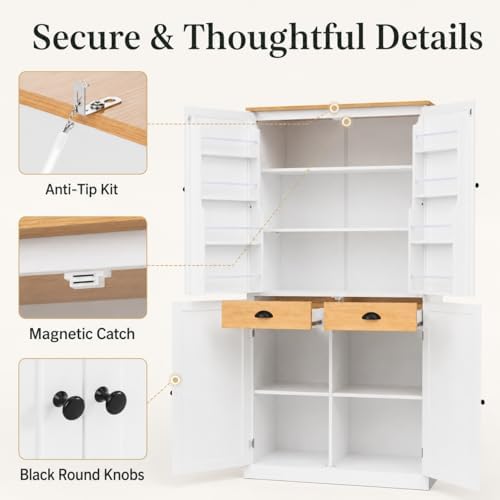 71" Tall Kitchen Pantry Storage Cabinet with 8 Door Shelves and 2 Storage Compartments, Two-Tone Freestanding Food Pantry Cabinet with Adjustable Shelves for Kitchen, Dining Room