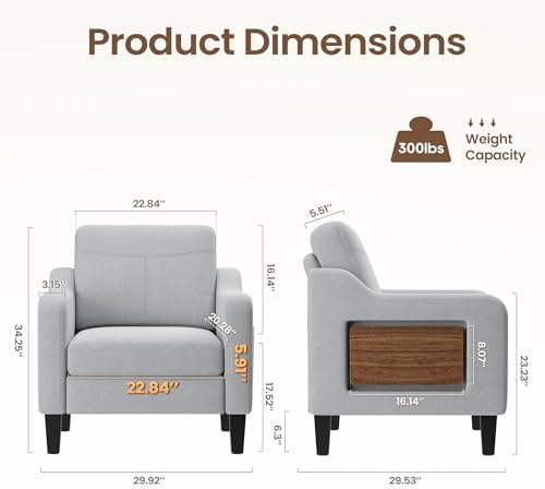 Upholstered Accent Chair with Foldable Side Table for Living Room | 2 Side Pockets, Modern Linen Armchair Wooden Fabric Chairs for Living Room, Comfy Reading for Bedroom/Office