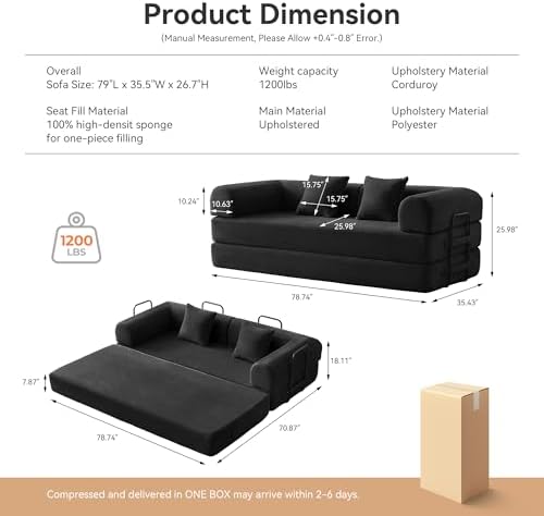 79" Convertible Sofa Bed, Couch for Living Room (Black)