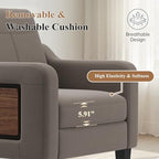 Accent Chairs Set of 2 for Living Room, Mid-Century Upholstered Armchair with Foldable Table & 2 Side Pockets, Modern Linen Wooden Sofa Chair for Bedroom & Reading Room, Brown