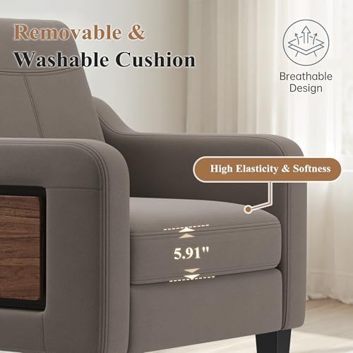 Accent Chairs Set of 2 for Living Room, Mid-Century Upholstered Armchair with Foldable Table & 2 Side Pockets, Modern Linen Wooden Sofa Chair for Bedroom & Reading Room, Brown