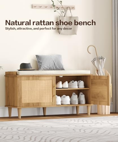 Akxomel 39.4" Rattan Shoe Storage Bench 2 Doors Wooden Entryway Bench Oak | 2 Tier Shoe Bench with Padded Cushion, Adjustable Shelves and 2 Doors, Solid Wood Legs, for Hallway, Living Room, Bedroom