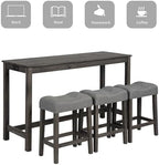 59" Counter Height Bar Table Set with Power Outlet, Industrial Breakfast Table with 3 Padded Stools, 4 Piece Bar Table and Chairs Set for Living Room, Dining Room, Dark Gray