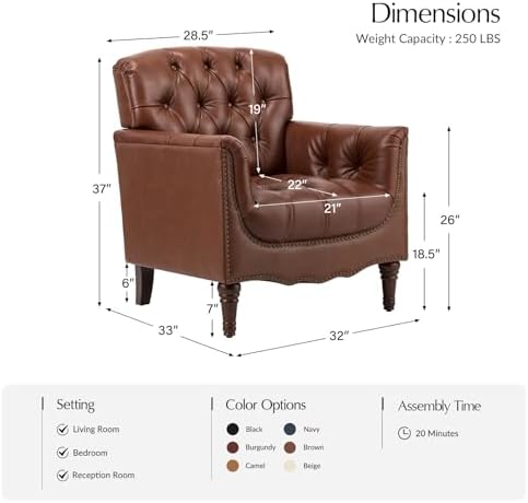 HULALA HOME Mid Century Modern Genuine Leather Accent Chair Set of 2, Brown | Button Tufted Leather Armchair, Upholstered Club Chair with Nailhead Trim, Solid Wood Legs, for Living Room Bedroom