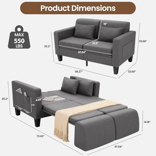 SEJOV 6-in-1 Convertible Sofa Bed, 58" Loveseat Sleeper Sofas, Gray | Pull Out Couch Bed with Removable Backrest, Storage Pockets and 2 Pillows, Modern Folding Linen Futon Couch for Small Spaces