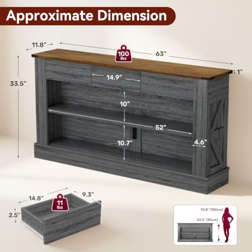 Miereirl 63" Console Table with Drawers & LED Light, Brown & Dark Grey