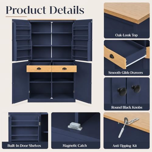 71" Tall Kitchen Pantry Storage Cabinet with 8 Door Shelves and 2 Storage Compartments, Two-Tone Freestanding Food Pantry Cabinet with Adjustable Shelves for Kitchen, Dining Room
