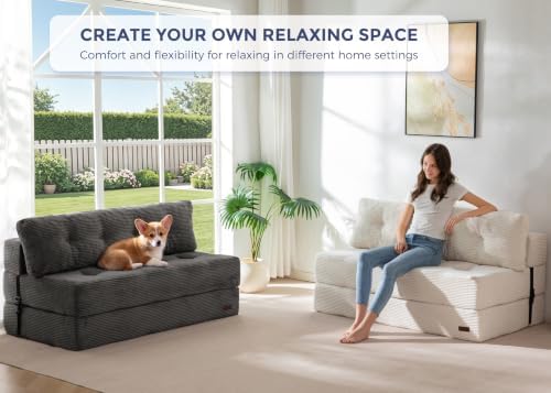 MAXYOYO Folding Sofa Bed, Convertible Chair Bed with Pillow | Portable 4 in 1 Fold Out Chair to Floor Bed, Versatile Floor Sofa Couch for Living Room Bedroom, Dark Grey, Double