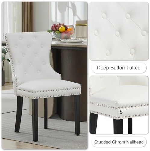 PU Leather Dining Chairs Set of 6, Upholstered Dining Room Chairs with Solid Wood Legs & Back Ring Pull Trim Ring, Modern Dining Chairs Perfect for Dining Room,Living Room,Kitchen, White