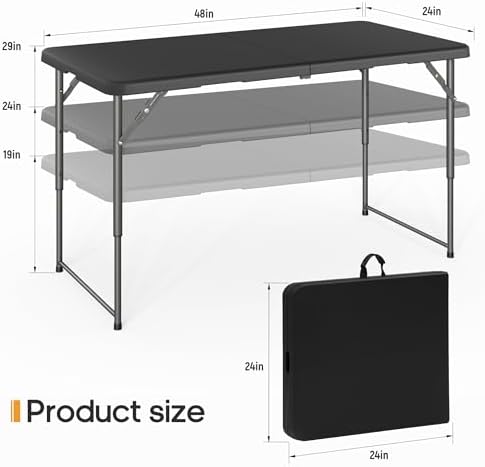 SKONYON 4 Foot Folding Table Heavy Duty Portable Fold-in-Half Plastic Utility Table Small Indoor Outdoor Adjustable Height Card Table with Carrying Handle, Camping and Party, Black