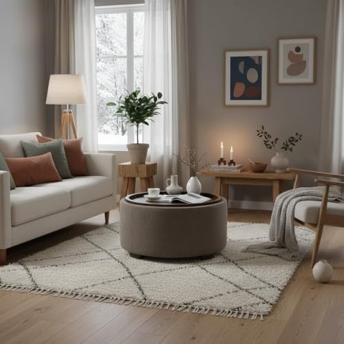 Zihanhome 30 Inch Round Storage Ottoman, Ottoman Coffee Table with Lift Off Lid, Boucle Modern Ottomans with Storage for Living Room, Bedroom, Apartments (Brown)