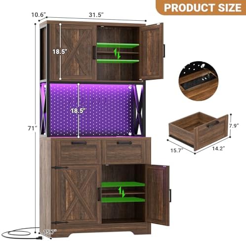 Unikito 71" Tall Kitchen Pantry Storage Cabinet with Microwave Countertop | Weathered Brown, Freestanding Pantry Cabinet Hutch with Charging Station & LED Lights, Drawers & Pegboard for Dining Room
