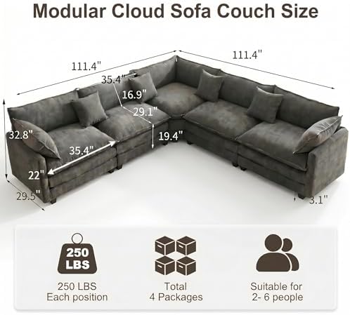 111.4" V-Shaped 5-Seat Sectional Cloud Couch, Chenille Soft Set, Grey | Customizable layout, suitable for living room, bedroom & apartment, comfortable deep seat