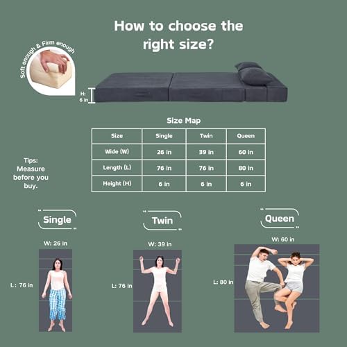 Folding Sofa Bed, Convertible Sleeper Chair Bed, Floor Sofa with Bag | Fold out chair bed/ couch bed, Foam floor futon sofa bed with pillow for guest/ visitor use as temporary floor bed, for adult