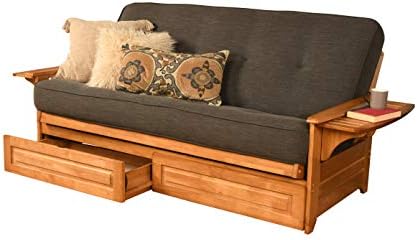 Kodiak Phoenix Wooden Futon Sofa Bed with Storage Drawers, Full Size Futon Couch Bed and Futon Frame and Linen Charcoal Mattress Included, Butternut