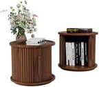 Round Coffee Table Set of 2, Nesting Side Table with Sliding Door Storage | Rotatable Round Coffee Table, Fluted Wood Drum End Table with Storage Compartment, Versatile Side Cabinet for Home Decor