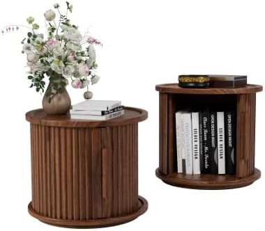 Round Coffee Table Set of 2, Nesting Side Table with Sliding Door Storage | Rotatable Round Coffee Table, Fluted Wood Drum End Table with Storage Compartment, Versatile Side Cabinet for Home Decor