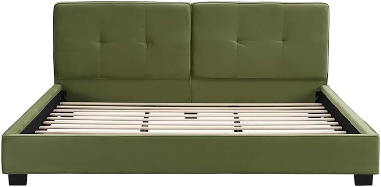 Christopher Knight Home Cordo King Size Bed, Velvet Upholstered Platform Bed, Wooden Slats Panel Support, Tufted Square Corners Haedboard, No Box Spring Needed, Easy Assembly, Oliver Green