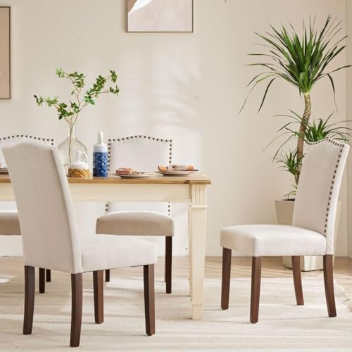 Kitchen Chairs Set of 6 Modern Upholstered Fabric Seat with Nailhead Trim and Ergonomic Lumbar Support for Living Room and Rustic Farmhouse Dining Area, Beige