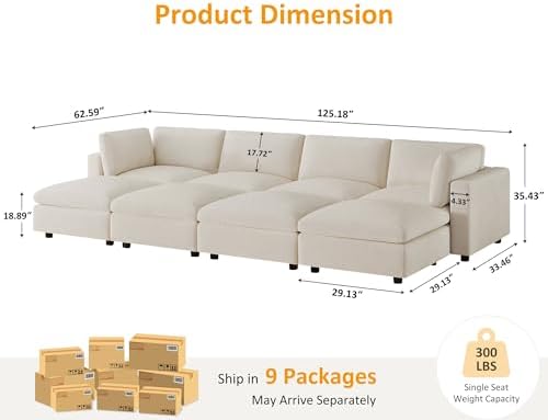 VANOMi Large Modular Sectional Sofa Bed, Comfy Couch Sleeper Ottoman, Beige | Convertible,Washable,Removable Cover,Modern,Comfortable