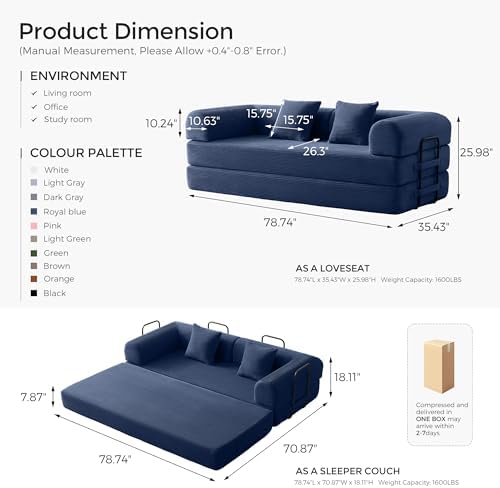 79" Convertible Futon Sofa Bed, Couch for Living Room | Blue | Folding Corduroy Sleeper Sofa, Modular Futon Couch with Fixed-Shape Frame, Pull Out Couch No Assembly