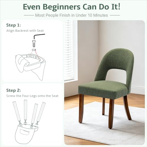 Wooden Dining Chairs Set of 4, Upholstered Kitchen Chairs with Walnut Wood Legs and Curved Linen Fabric Backrest, Modern Farmhouse Dining Room Chairs for Kitchen Dining Vanity, Green