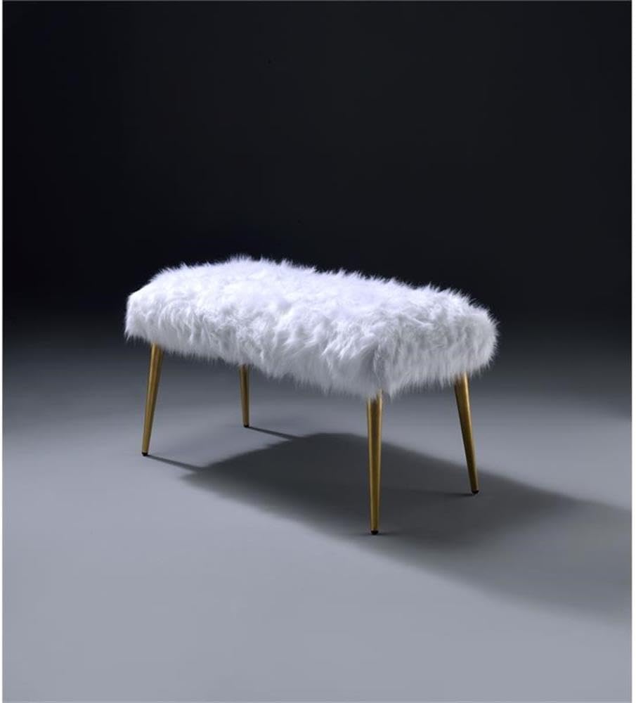 Acme Bagley II Bench, White Faux Fur & Gold