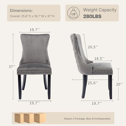 Gray Velvet Dining Chairs Set of 6, Fabric Upholstered Kitchen & Dining Room Chair, Tufted Mid Century Modern Dinning Room Chairs, High Back, Wood Legs, Sillas de Comedor