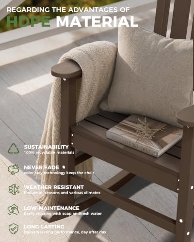 Outdoor Rocking Chair, HDPE Patio Rocking Chair, All Weather,Brown | Relax in Gentle Rock,Create Comfort Everywhere,Enjoy Your Me Time,Withstand Changing Seasons,Wood Look with Low Maintenance