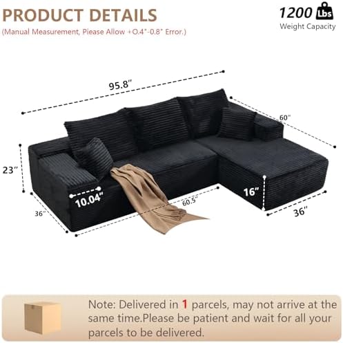 Sectional Couches for Living Room Cloud Couch Sofa with L-Shape Couch in a Box Upholstered Couchs Modern Modular Sectional Couch with Chaise(Black,3 Seater-Right-Facing Chaise-96)