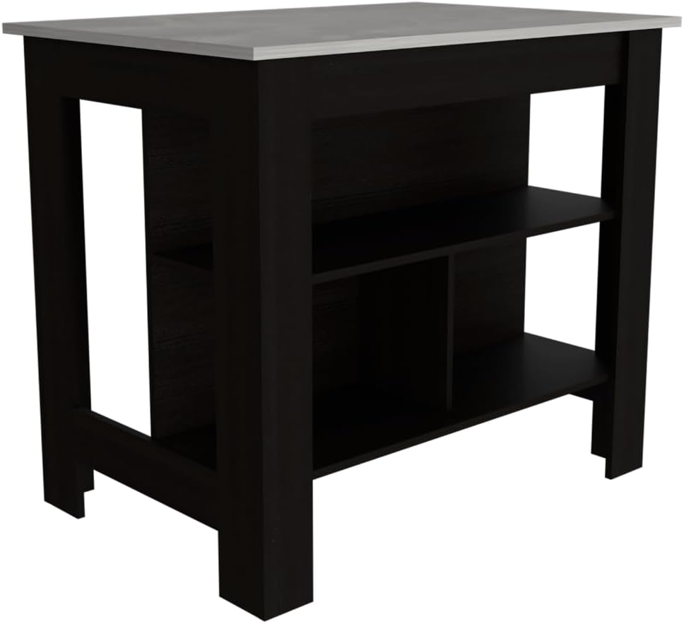 Kitchen Island with Three Storage Shelves and Marble Finish | Three open storage shelves and marble effect surface for organized kitchen storage