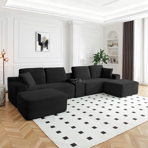 ivoros 150 Inch Modular Sectional Sofa Couch, Oversized Modern Cloud Couch for Living Room, U Shape Couches with 2 Ottomans, USB Ports and Cup Holders, Black Corduroy Sofas, Sofa in a Box