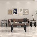 ODUSE-DAILY All Black Glass Coffee Table Set of 3 Piece, Living Room Table Set of 3 Pcs, Black Glass Coffee Table and End Table Sets, Metal Legs, Tempered Glass