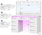 FINOESO Large Vanity Desk with Mirror and Lights, 3-Color LED, Makeup Vanity with Clear Glass Top & RGB Light, Vanity Table with 9 Drawers, Open Shelf, Power Outlet, Vanity for Women Bedroom, White