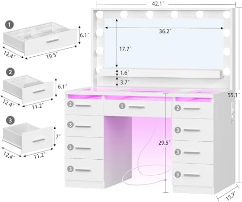 FINOESO Large Vanity Desk with Mirror and Lights, 3-Color LED, Makeup Vanity with Clear Glass Top & RGB Light, Vanity Table with 9 Drawers, Open Shelf, Power Outlet, Vanity for Women Bedroom, White