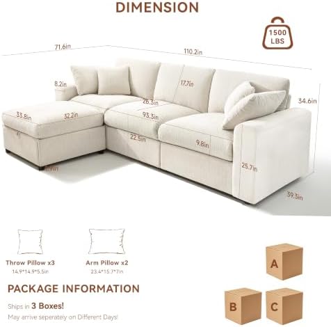 Ihanherry Cloud Sectional Couches for Living Room, 110" Large Modular Sectional Sofa with Wide Deep Seat, L Shaped Couch with Throw Pillow and Storage Ottoman, Beige