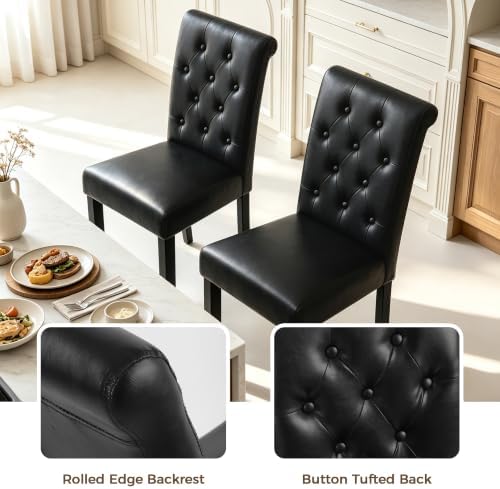 LSSPAID Dining Chairs Set of 6, Modern Armless Parsons Side Chairs, Upholstered Button-Tufted PU Leather Dining Kitchen Chairs with Solid Wood Legs, Black