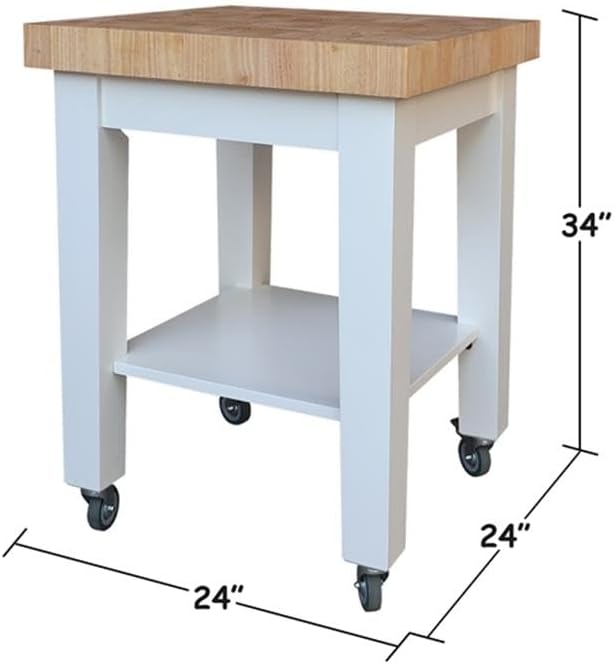 Pemberly Row Parawood Kitchen Island, 24" W x 24" D x 33" H, Solid Rubberwood Construction, Counter-Height Workspace, 4 Casters with 2 Locking, Traditional Elegant Design for Functional Kitchen Use