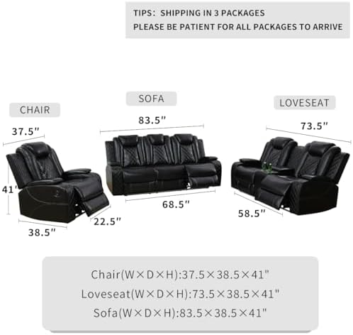 Power Recliner Sofa Sets, Living Room Furniture Sets, Black Modern Power Reclining Sofa, Loveseat and Chair with Cup Holders/Storage Console/LED Light for Living Room