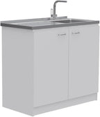 Pemberly Row 2 Piece Kitchen Set, Sink Cabinet and Pantry, White Manufactured Wood, Stainless Steel Countertop, 39.3 in Sink Cabinet with Storage, 71.3 in Pantry with Shelves for Kitchen Organization