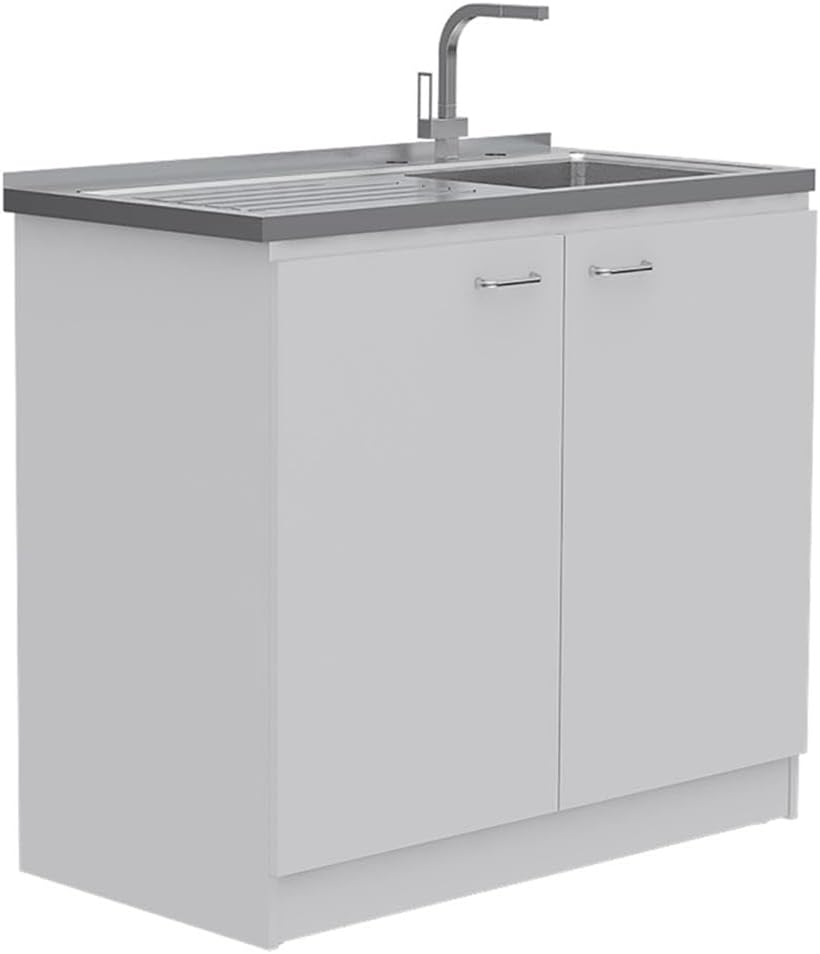 Pemberly Row 2 Piece Kitchen Set, Sink Cabinet and Pantry, White Manufactured Wood, Stainless Steel Countertop, 39.3 in Sink Cabinet with Storage, 71.3 in Pantry with Shelves for Kitchen Organization