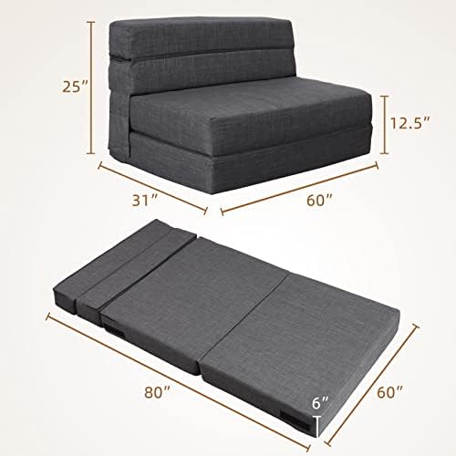 Nigoone Queen Size Folding Sofa Couch Memory Foam with 2 Pillows Sleeper Chair Lazy Couch Triple Futon Convertible Guest Beds, Washable Cover, Dark Gray